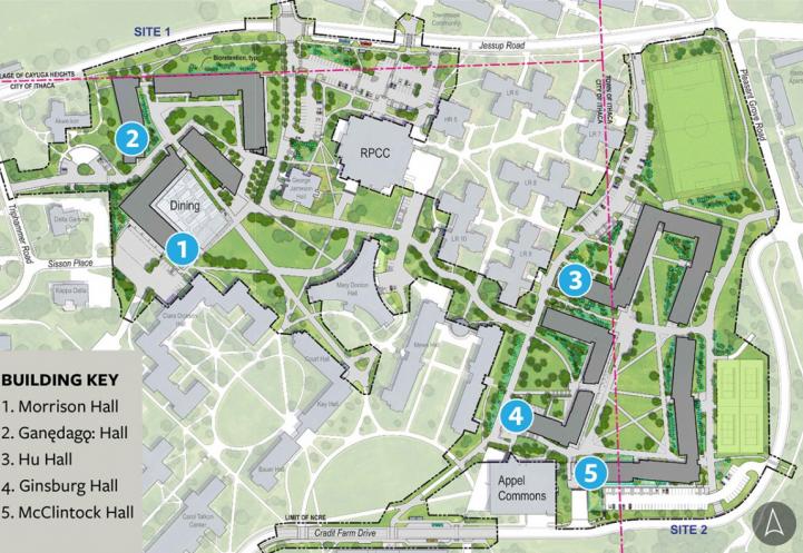 康奈尔大学北校区的地图，上面标明了新宿舍楼的位置