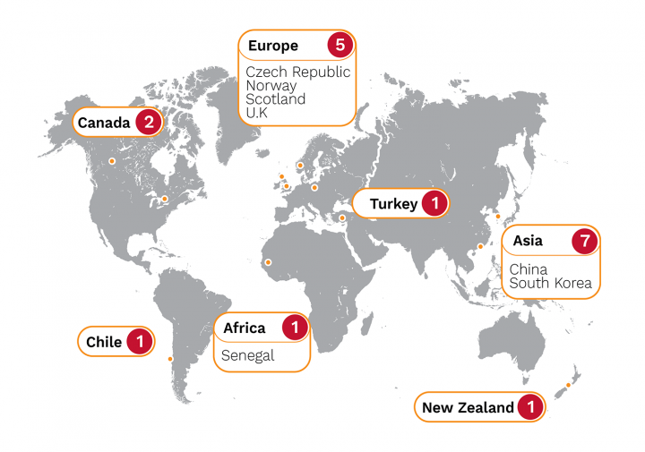 世界地图呼吁我们一些学生工作和学习的地区。